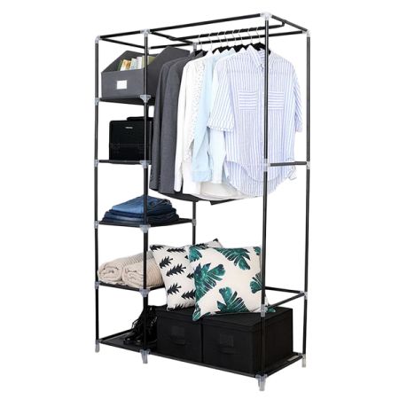 64" Portable Closet Storage Organizer Wardrobe Clothes Rack with Shelves Black RT