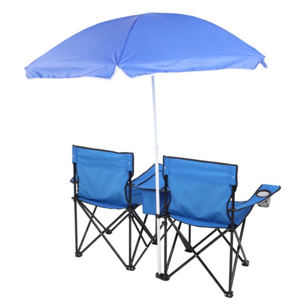 dropship Double Folding Picnic Chairs w/Umbrella Mini Table Beverage Holder Carrying Bag for Beach Patio Pool Park Outdoor Portable Camping Chair (Blue)