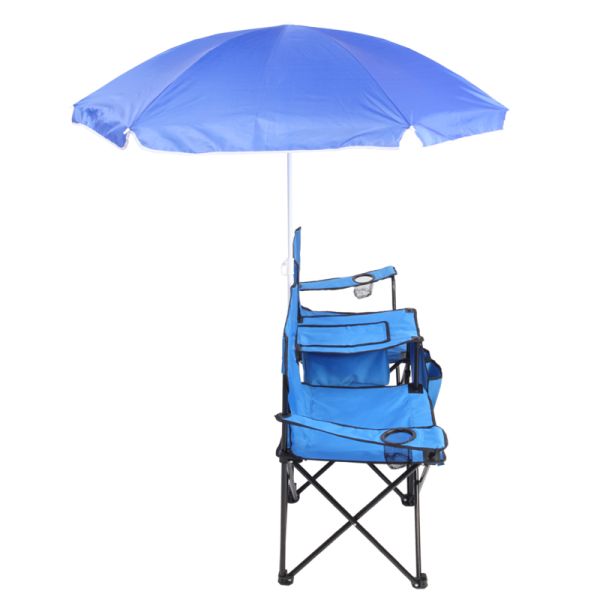 dropship Double Folding Picnic Chairs w/Umbrella Mini Table Beverage Holder Carrying Bag for Beach Patio Pool Park Outdoor Portable Camping Chair (Blue)